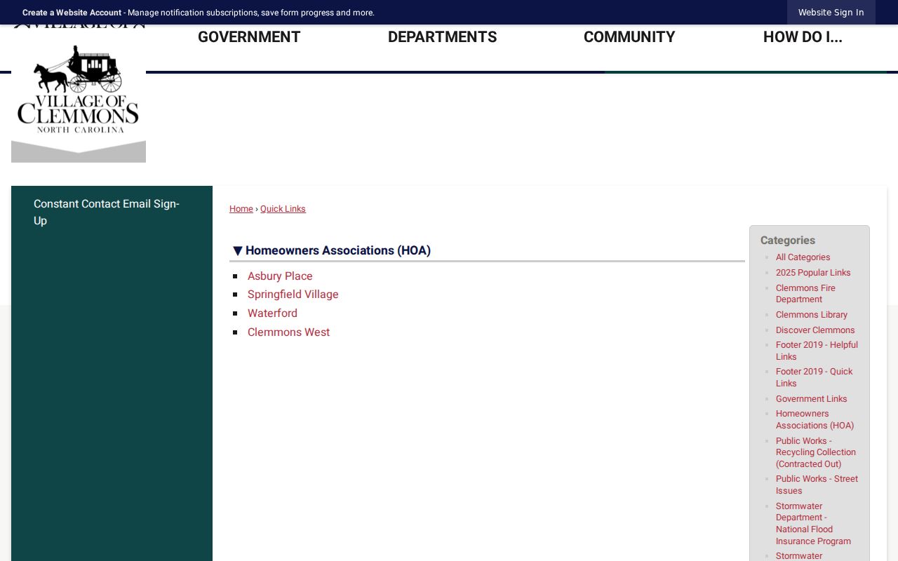 Clemmons neighbors association quicklinks on the Village website